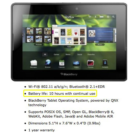 Животът на батерията на BlackBerry PlayBook – 8 или 10 часа?
